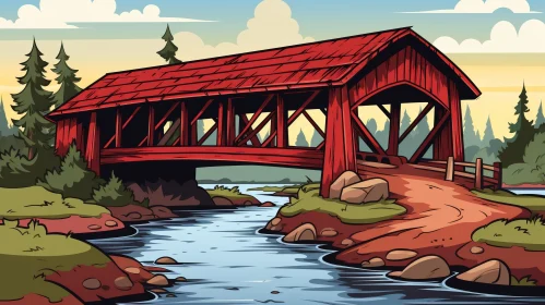 Red Covered Bridge Vector Illustration
