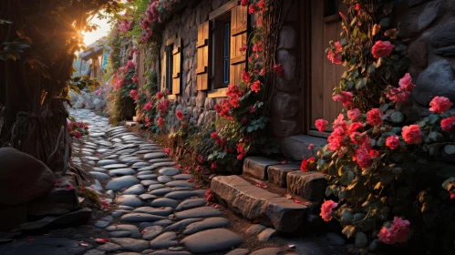 Tranquil Village Streetscape with Stone Cottages and Roses