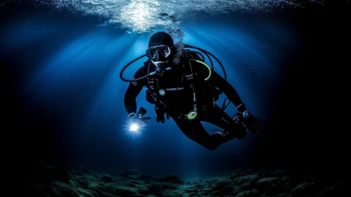 Underwater Cave Exploration - Scuba Diver with Flashlight