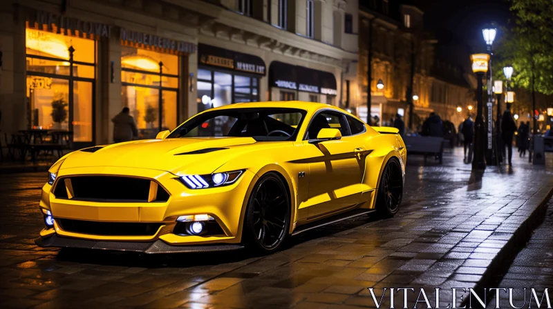 Yellow Sports Car on City Street at Night | Luxury and Functionality AI Image