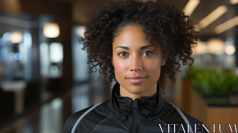 Young Woman with Curly Hair in Tracksuit - Close-up Portrait AI Image