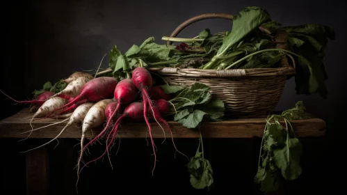 Colorful Radishes in Wicker Basket Still Life