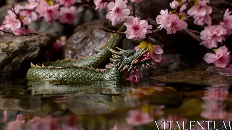 AI ART Enchanting Dragon Figurine in Pond with Cherry Blossoms