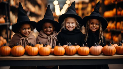 Enchanting Halloween Scene with Little Witch Girls