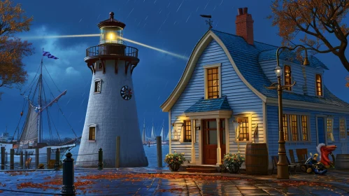 Enchanting Lighthouse and Cottage in Stormy Night