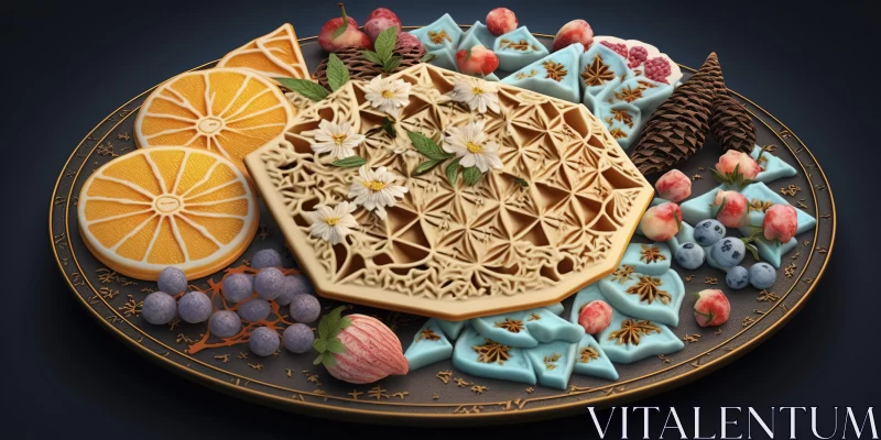 Exquisite 3D Fruit Wafer Art: Ornate Details and Faceted Shapes AI Image