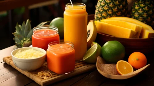 Fresh Fruit Juice in Glass Jars on Wooden Table