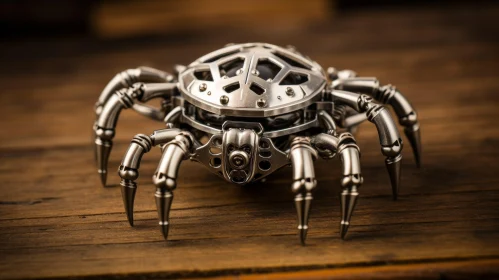 Intriguing Mechanical Spider on Wood Surface