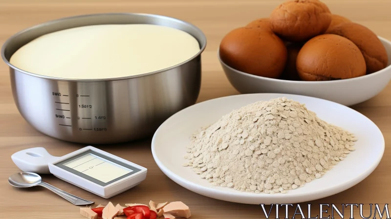 Kitchen Scene with Milk, Flour, and Bread Rolls AI Image