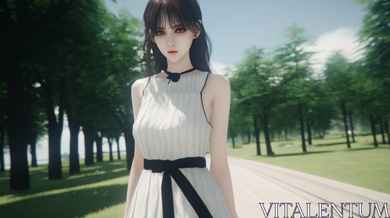 Serious Young Woman in White Dress Standing in Park AI Image