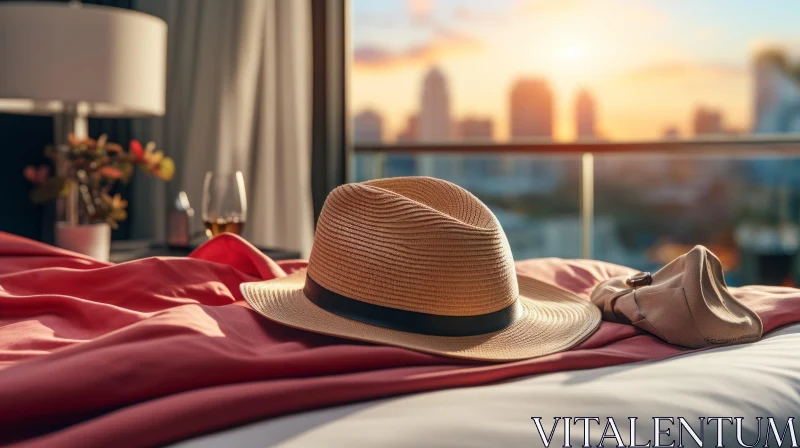 Tranquil Still Life with Straw Hat on Pink Sheet and City Skyline at Sunset AI Image