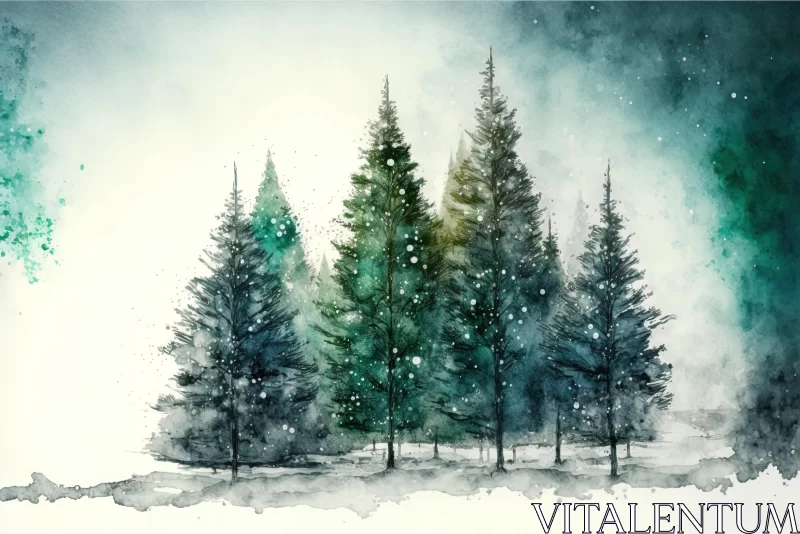 Winter Watercolor Painting: Captivating Spruce Forest Landscape AI Image