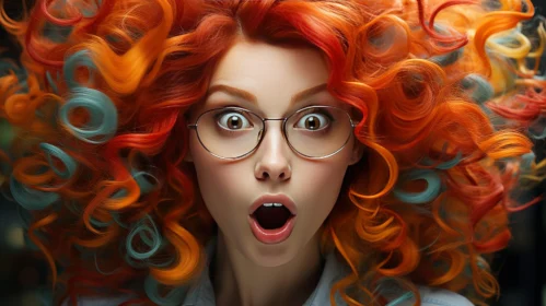 Young Woman with Curly Red Hair in Surprise Expression