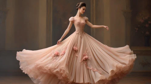 Elegant Woman in Pink Ball Gown in Grand Ballroom
