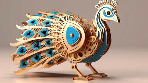 Mechanical Peacock 3D Rendering | Gold Blue Gears | Intricate Artwork