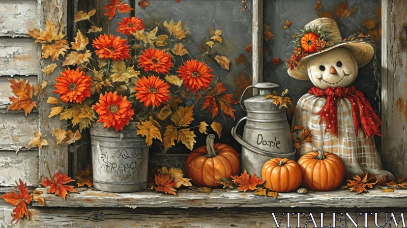 Scarecrow in Window with Pumpkins and Flowers AI Image