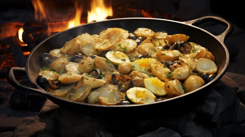 Sizzling Cast Iron Pan with Potatoes, Clams, and Eggs