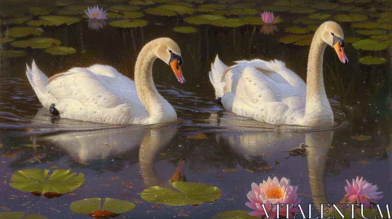 AI ART Tranquil Swans in Pond Painting