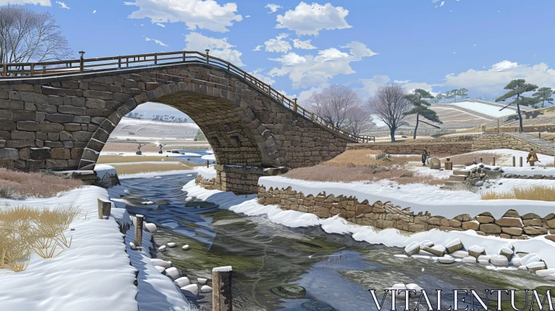 AI ART Tranquil Winter Landscape with Stone Bridge Over River