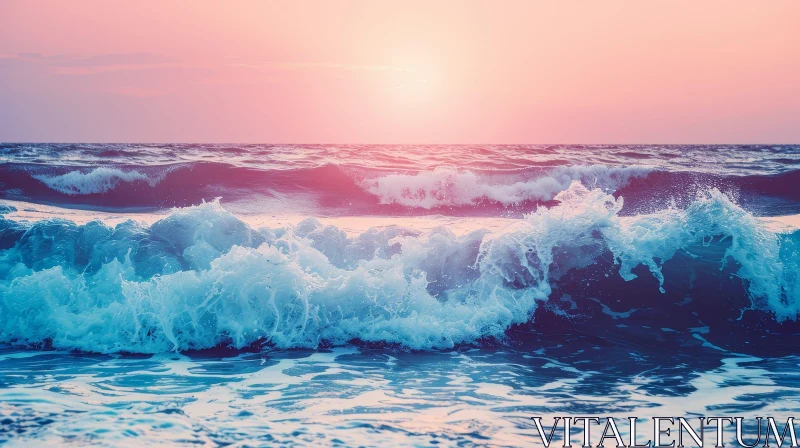 Vivid Sunset Seascape with Crashing Waves AI Image
