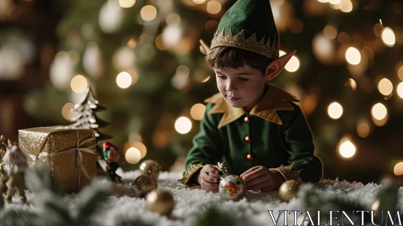Young Boy Elf Christmas Decoration Photo AI Image
