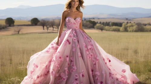 Young Woman in Pink Floral Ball Gown Standing in Field