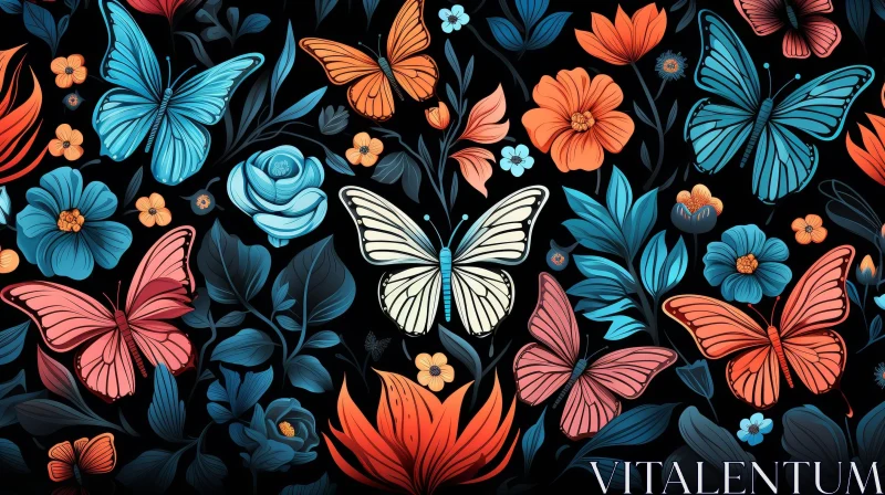 Colorful Butterflies and Flowers Pattern on Black Background AI Image