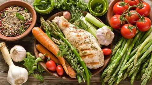 Delicious Grilled Chicken and Vegetables on Wooden Table