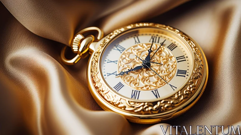 Exquisite Gold Pocket Watch on Silk Background AI Image