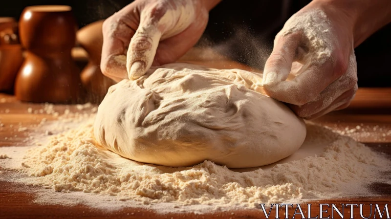 Person Kneading Dough on Wooden Table - Baking Scene AI Image