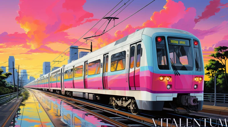 AI ART Pink and White Train on Bridge at Sunset