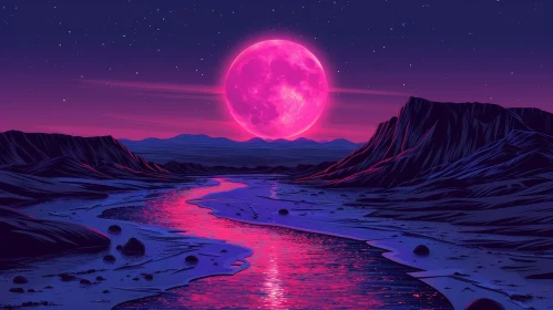 Pink Moon Rising Landscape - Serene Nature Scene