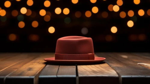 Red Fedora Hat on Wooden Table