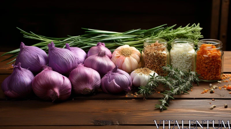 Rustic Still Life with Garlic, Shallots, and Spices AI Image