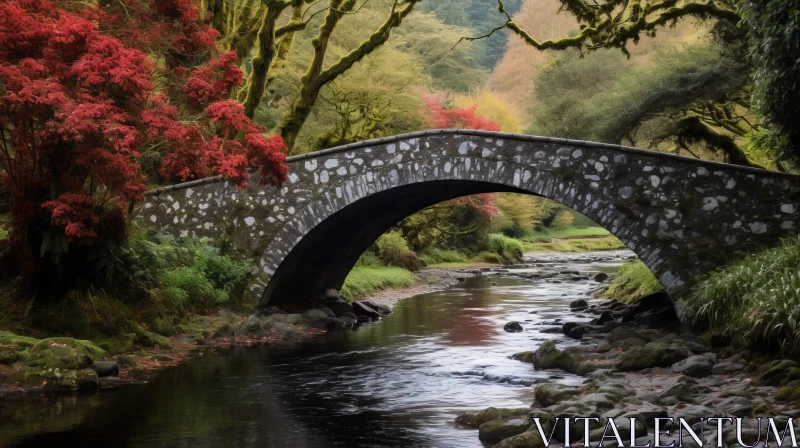 AI ART Stone Bridge over River in Forest - Tranquil Nature Scene
