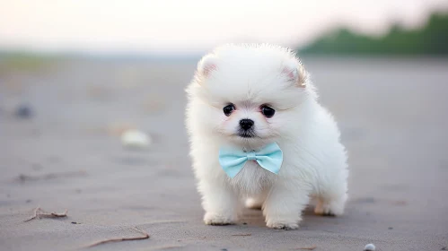 Adorable White Pomeranian Puppy on Beach