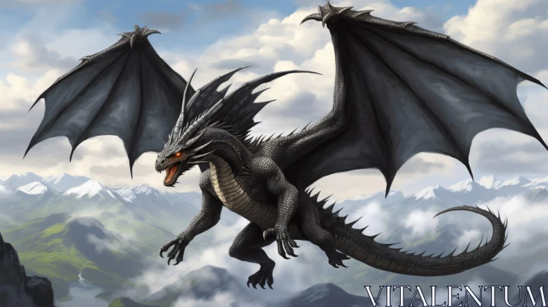 Black Dragon Flying in Mountainous Landscape AI Image