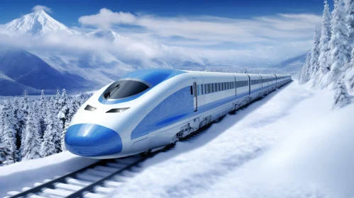 Blue and White High-Speed Train in Snowy Mountain Landscape