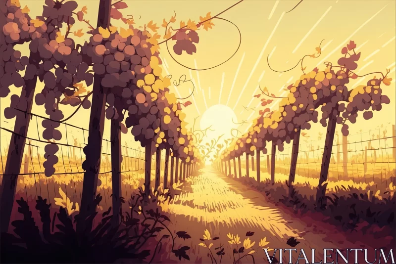 Captivating Vineyard Sunset Illustration in Anime Art Style AI Image