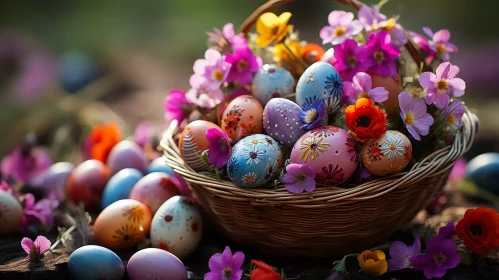 Colorful Easter Eggs and Spring Flowers Basket