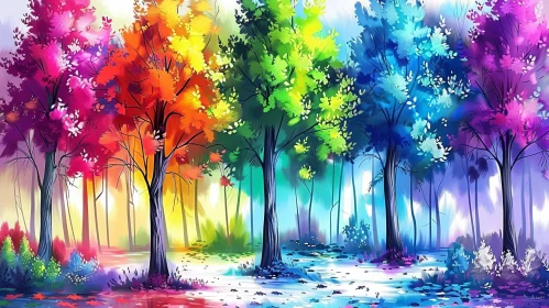 Colorful Forest Painting with Vibrant Trees and Path