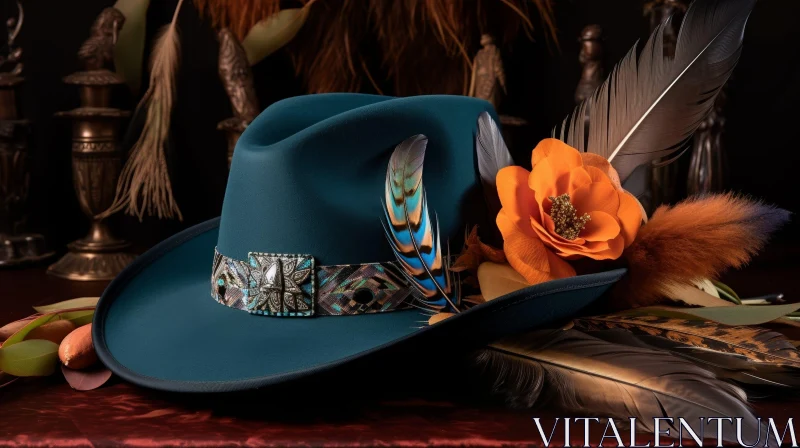 Dark Green Cowboy Hat with Leather Band and Feather AI Image