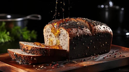 Delicious Bread and Honey on Wooden Board