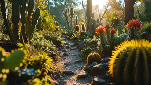 Desert Botanical Garden Path with Cacti and Sunlight