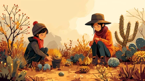Desert Planting: Two Girls with Cactus