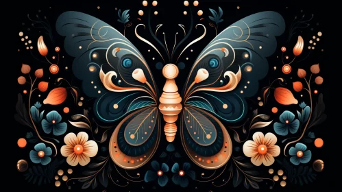Detailed Butterfly Illustration with Flowers