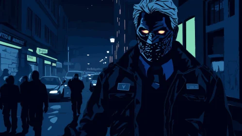 Enigmatic Masked Man in Dark City Scene AI Image