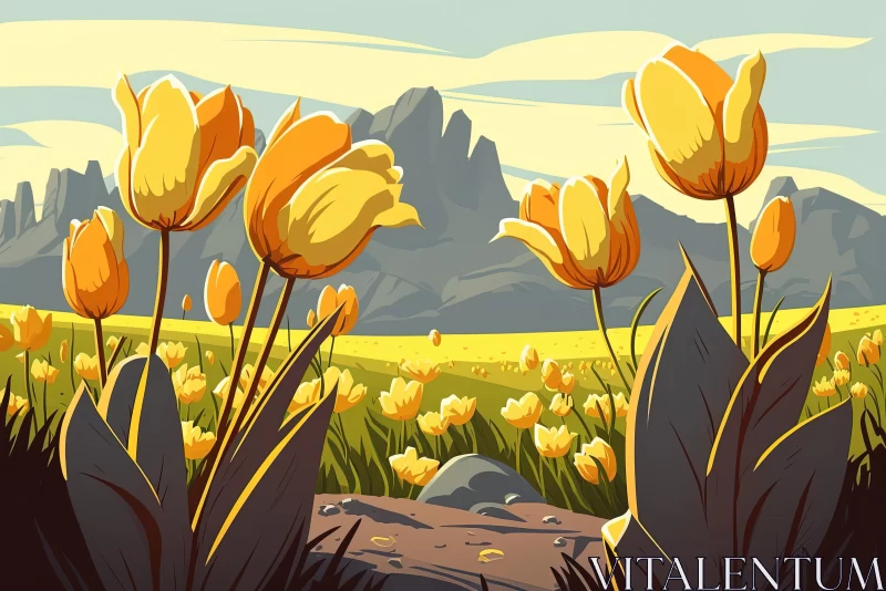 Golden Tulips in Field with Mountain | Vibrant Cartoon Illustration AI Image