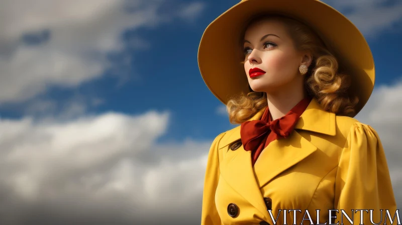 Serious Young Woman in Yellow Coat and Brown Hat Under Blue Sky AI Image