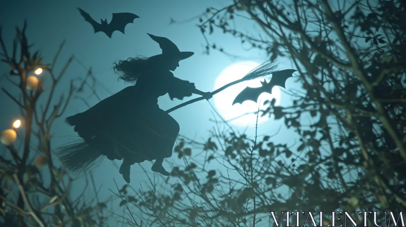 Spooky Witch Silhouette on Broomstick Against Full Moon AI Image